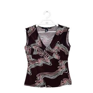 Vtg MIXIT Women's Brown Colorful Swirl‎ Babydoll Tank Blouse 90's Y2K Fairy Sz M